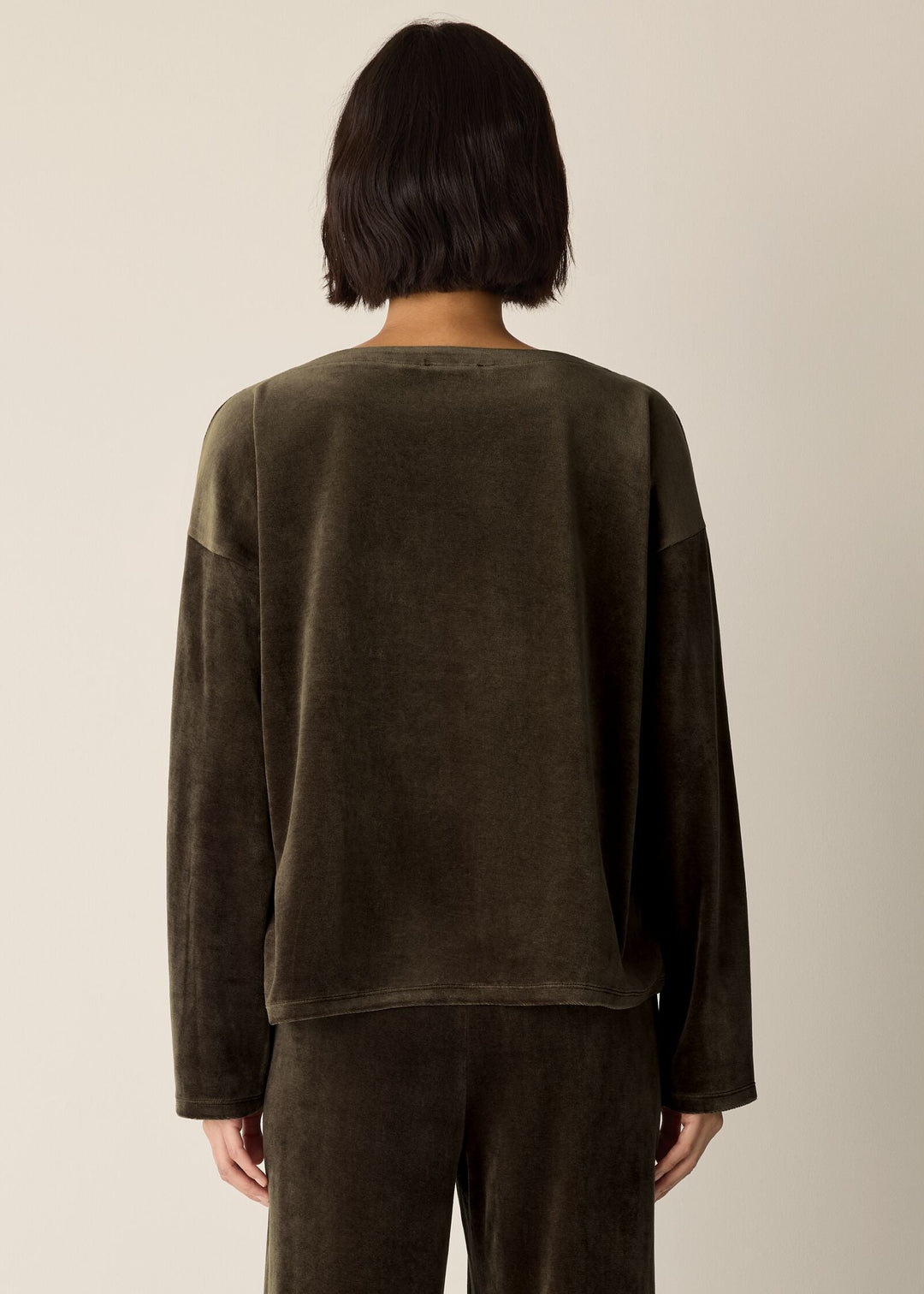 back view of plus size Eileen Fisher Cozy Velour Knit Bateau neck Boxy Top in Branch