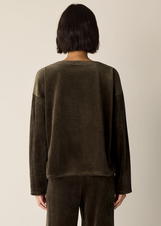 back view of plus size Eileen Fisher Cozy Velour Knit Bateau neck Boxy Top in Branch