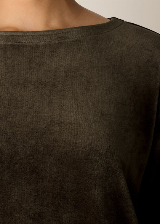 close up front view of plus size Eileen Fisher Cozy Velour Knit Bateau neck Boxy Top in Branch