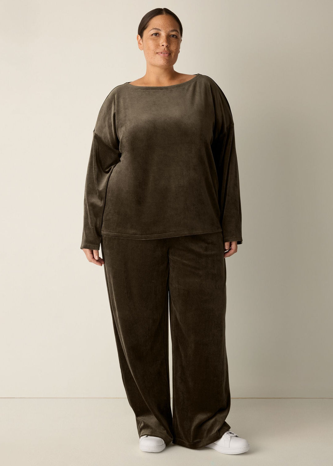 front view of plus size Eileen Fisher Cozy Velour Knit Bateau neck Boxy Top in Branch