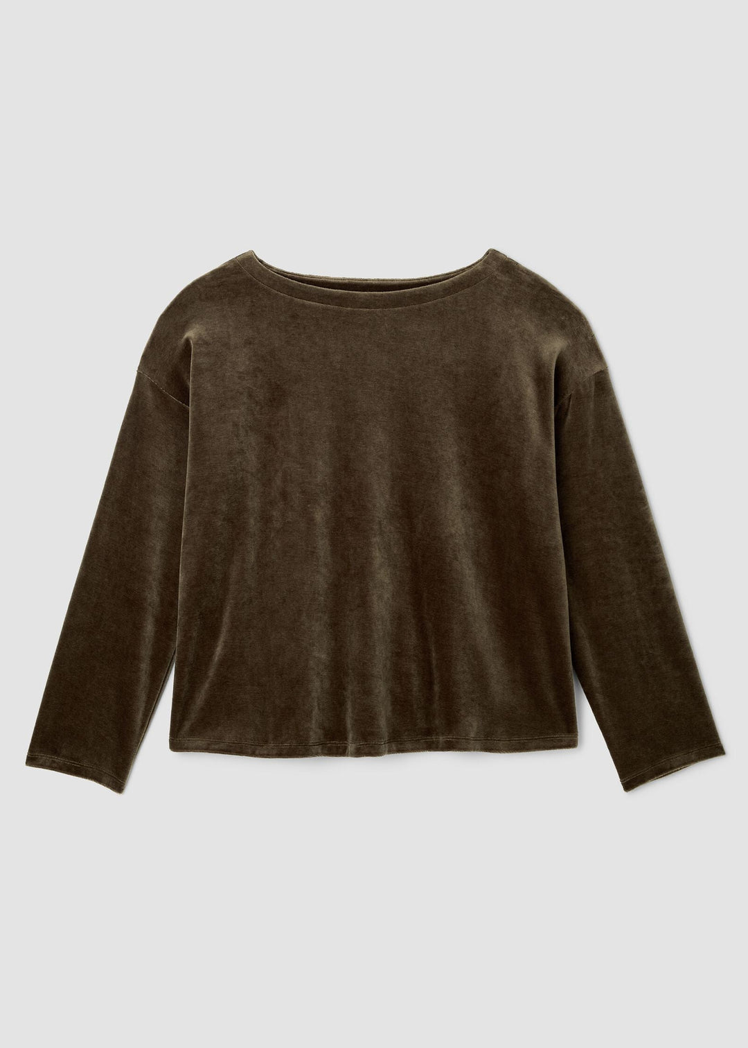 front view of plus size Eileen Fisher Cozy Velour Knit Bateau neck Boxy Top in Branch