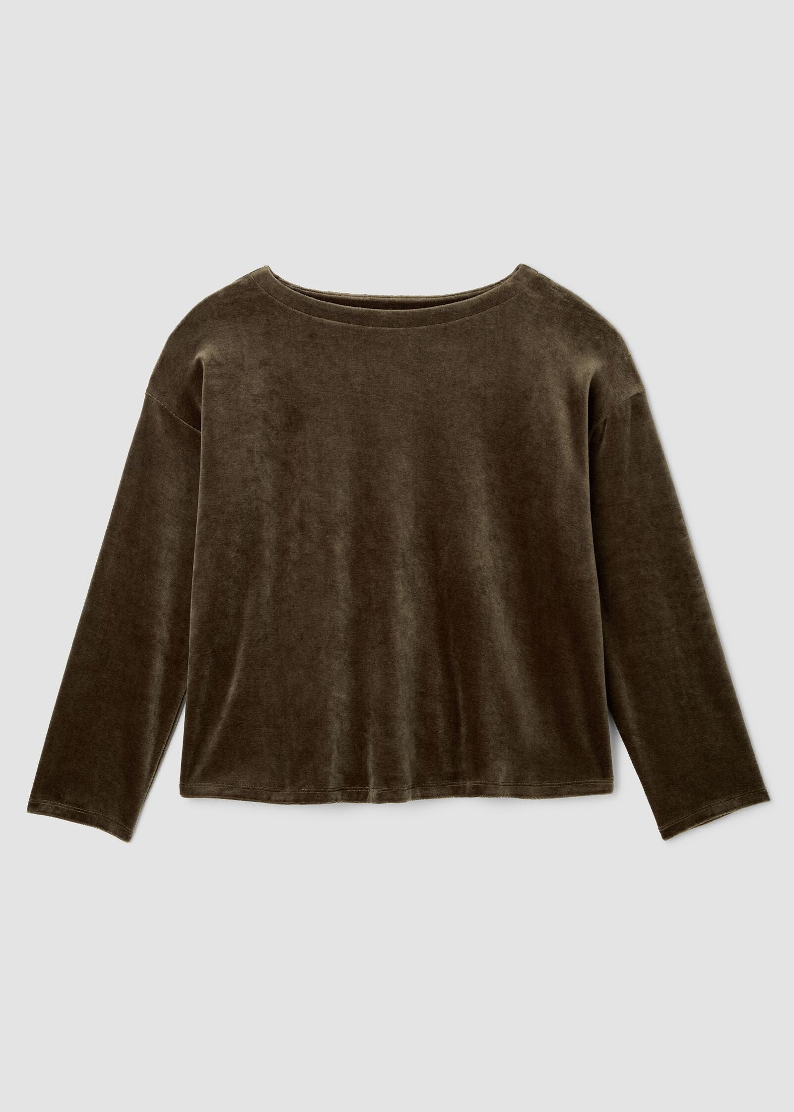 front view of plus size Eileen Fisher Cozy Velour Knit Bateau neck Boxy Top in Branch