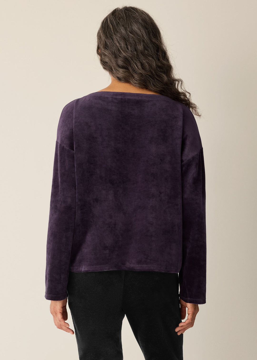 back view of plus size Eileen Fisher Cozy Velour Knit Bateau Neck Boxy Top in Aubergine