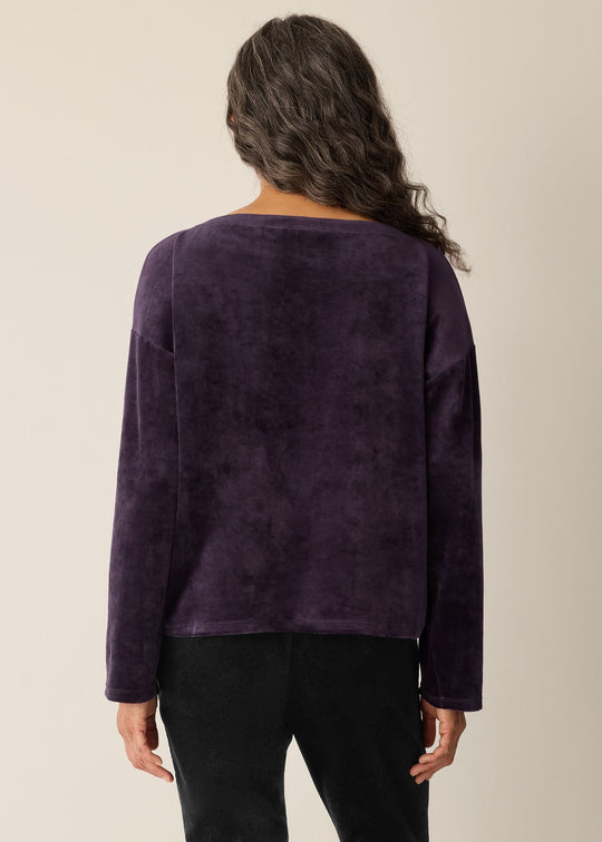 back view of plus size Eileen Fisher Cozy Velour Knit Bateau Neck Boxy Top in Aubergine