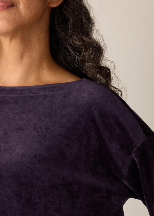 close up Front view of plus size Eileen Fisher Cozy Velour Knit Bateau Neck Boxy Top in Aubergine