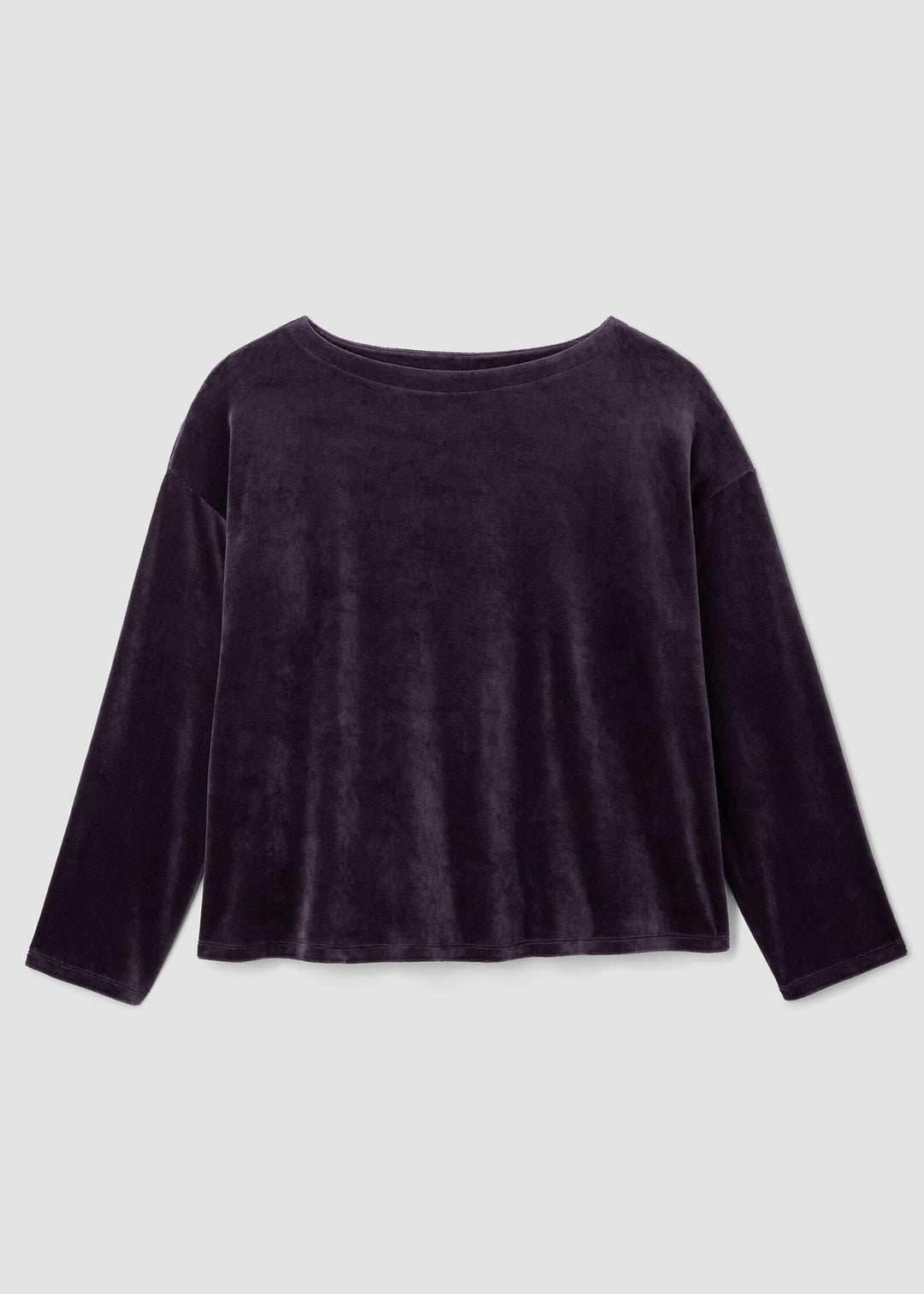 Front view of plus size Eileen Fisher Cozy Velour Knit Bateau Neck Boxy Top in Aubergine