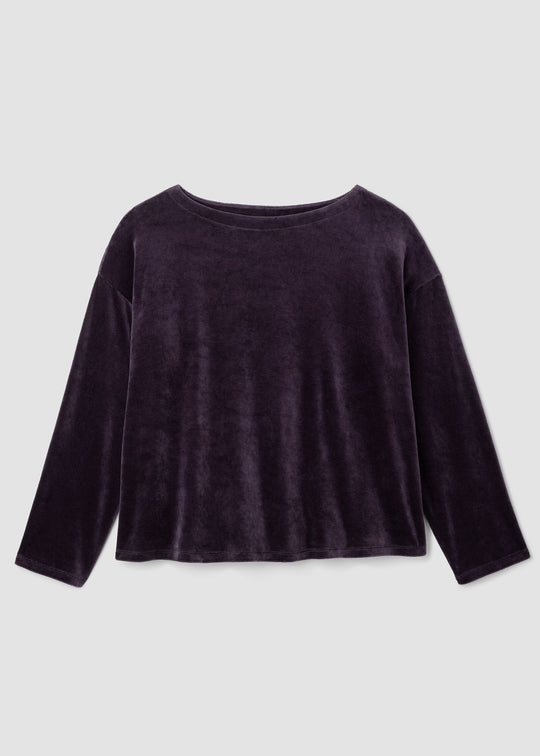 Front view of plus size Eileen Fisher Cozy Velour Knit Bateau Neck Boxy Top in Aubergine