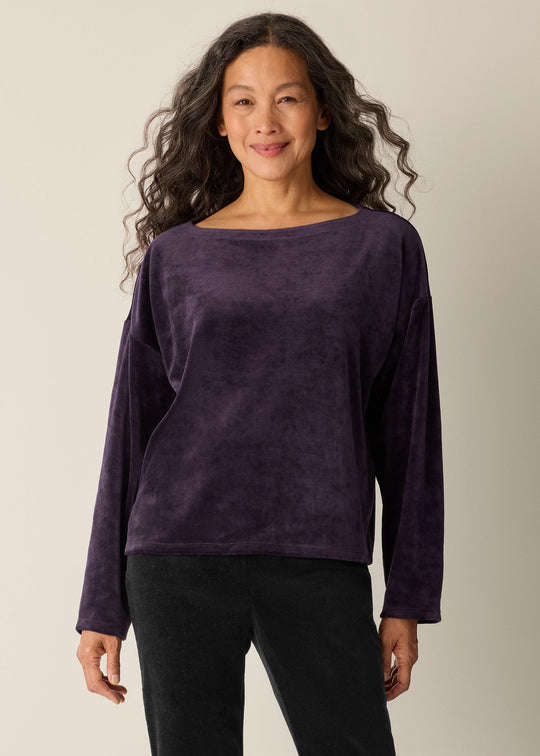 Front view of plus size Eileen Fisher Cozy Velour Knit Bateau Neck Boxy Top in Aubergine