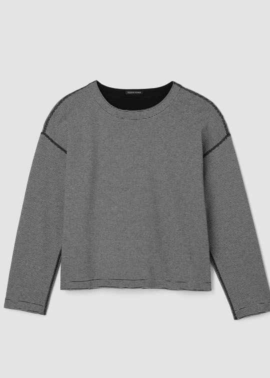 front view of plus size Eileen Fisher Double Knit Organic Cotton Round Neck Reversible Top in Black Ivory