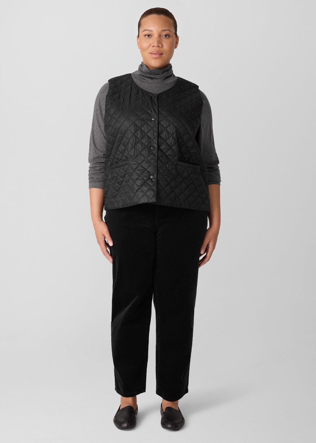 front view of plus size Eileen Fisher Cotton Str. Corduroy High Waisted Straight Ankle Jean in Black