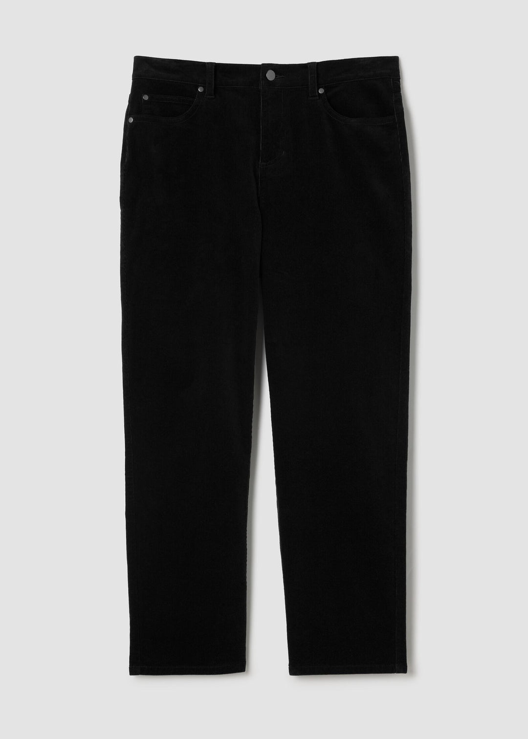 front view of plus size Eileen Fisher Cotton Str. Corduroy High Waisted Straight Ankle Jean in Black
