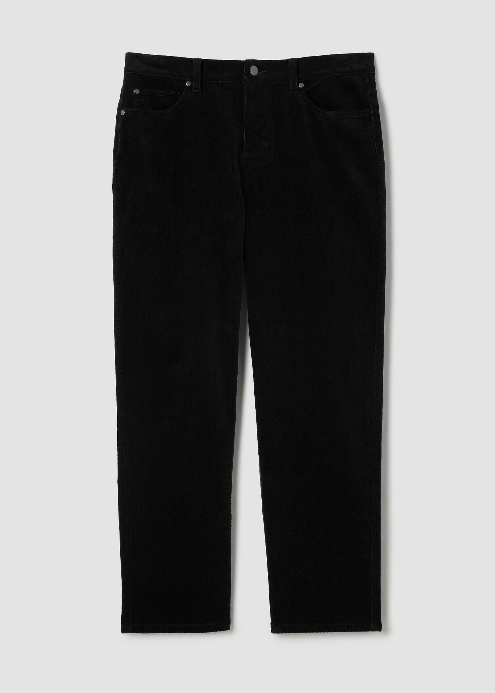 front view of plus size Eileen Fisher Cotton Str. Corduroy High Waisted Straight Ankle Jean in Black