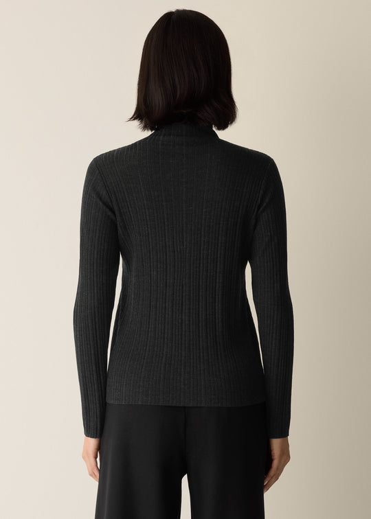 back view of plus size Eileen Fisher Superfine Merino Long Sleeve Turtleneck in Charcoal