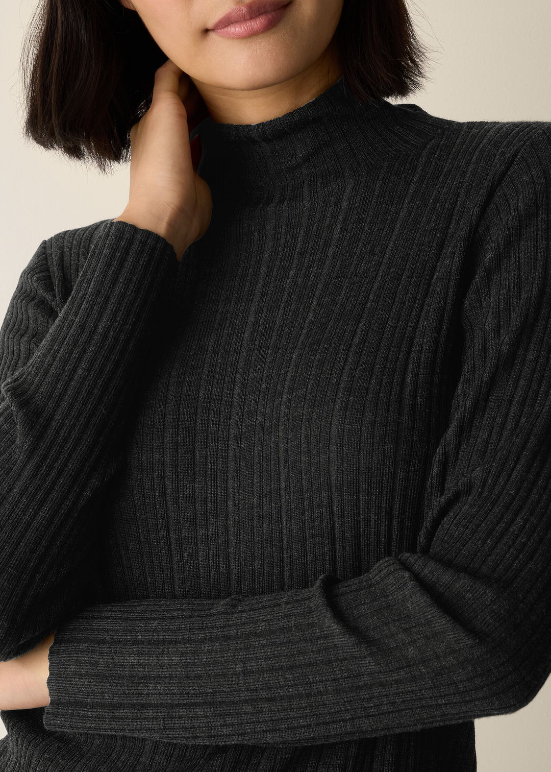 back of plus size Eileen Fisher Superfine Merino Long Sleeve Turtleneck in Charcoal
