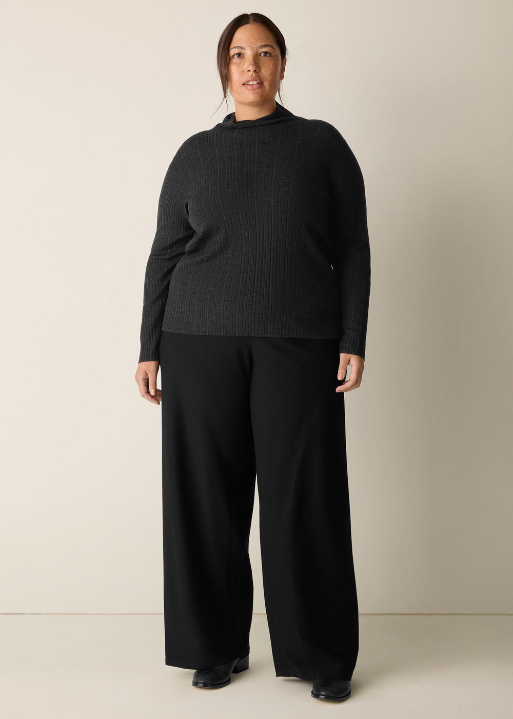 front of plus size Eileen Fisher Superfine Merino Long Sleeve Turtleneck in Charcoal