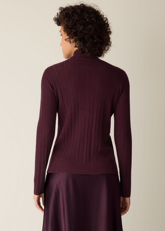 back of plus size Eileen Fisher Superfine Merino Long Sleeve Turtleneck in Wine