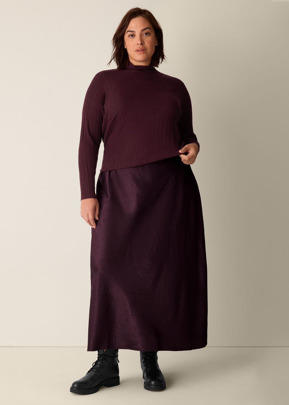 Front of plus size Eileen Fisher Superfine Merino Long Sleeve Turtleneck in Wine