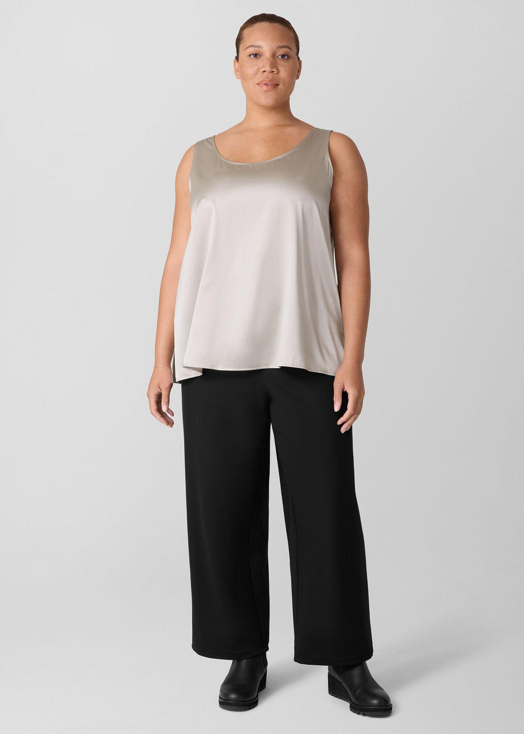 front view of plus size Eileen Fisher Washable Flex Ponte Wide Leg Ankle Pant in Black