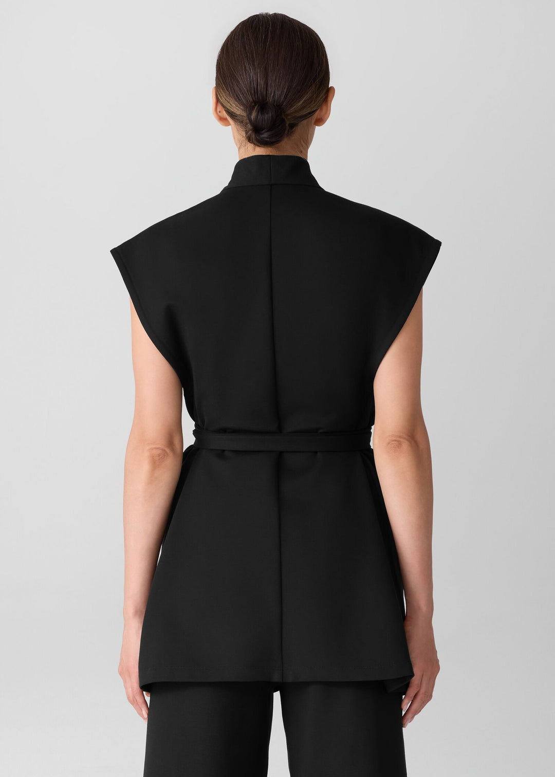 back view of plus size Eileen Fisher Washable Flex Ponte High Collar Long Vest in Black