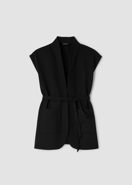 front view of plus size Eileen Fisher Washable Flex Ponte High Collar Long Vest in Black