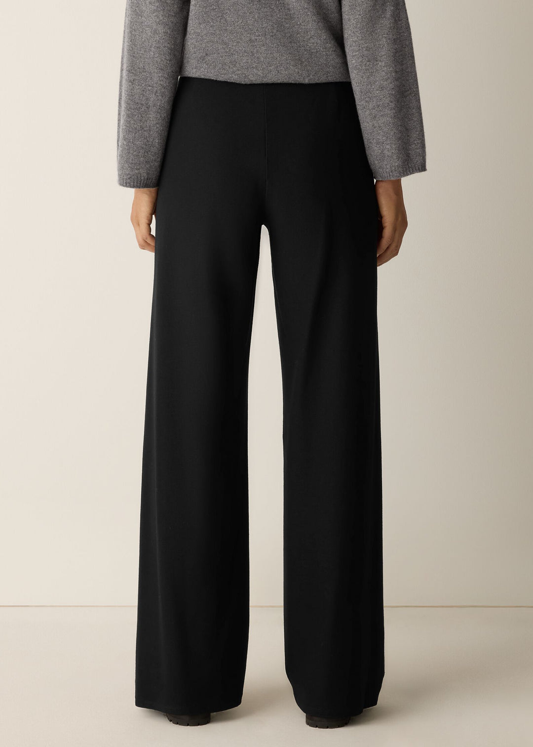 back view of plus size Eileen Fisher High Waisted Full Length Stretch Crepe Pant in Black