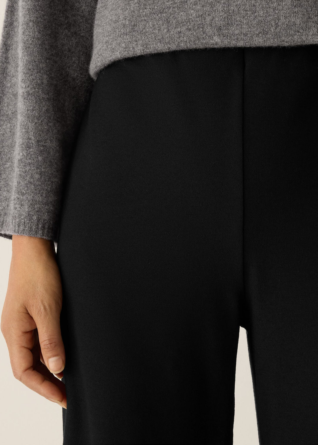 close up front view of plus size Eileen Fisher High Waisted Full Length Stretch Crepe Pant in Black
