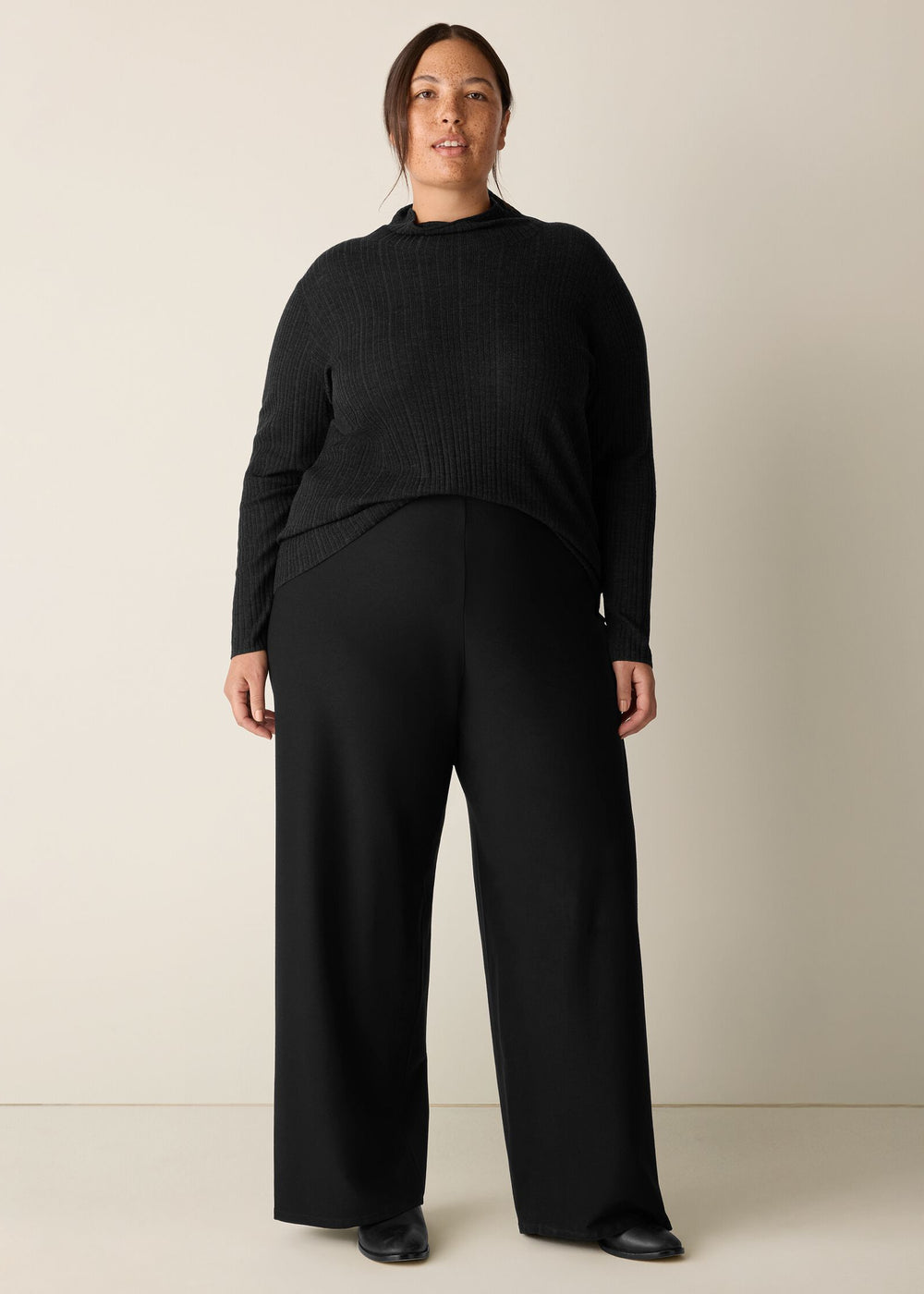 front view of plus size Eileen Fisher High Waisted Full Length Stretch Crepe Pant in Black