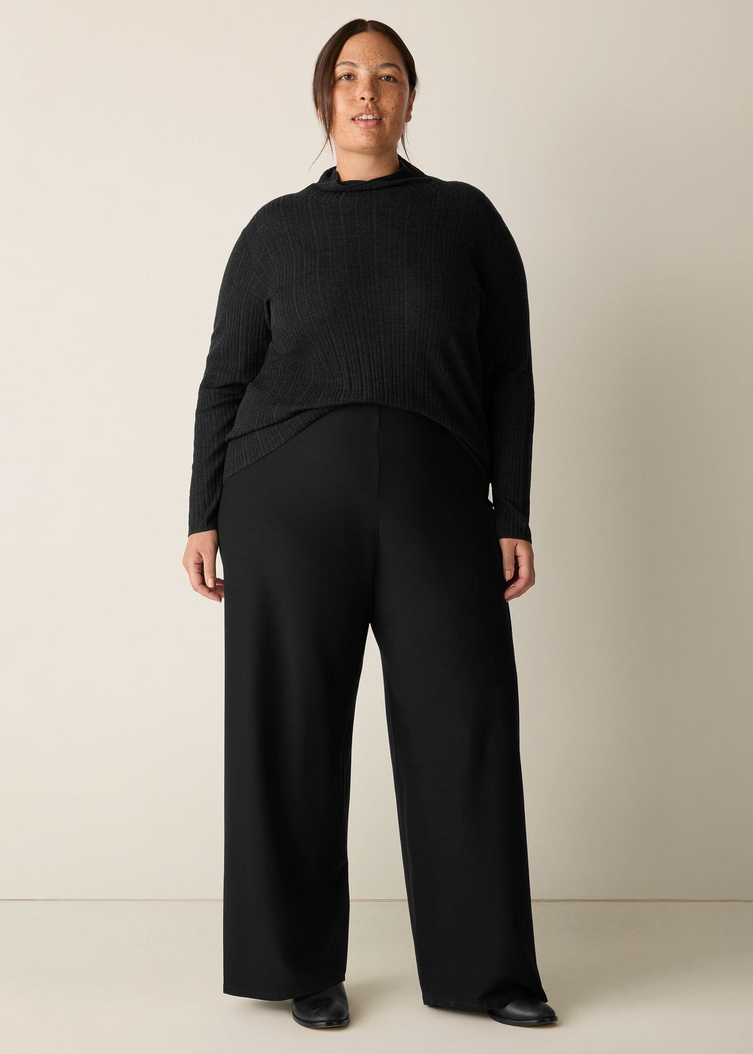 front view of plus size Eileen Fisher High Waisted Full Length Stretch Crepe Pant in Black