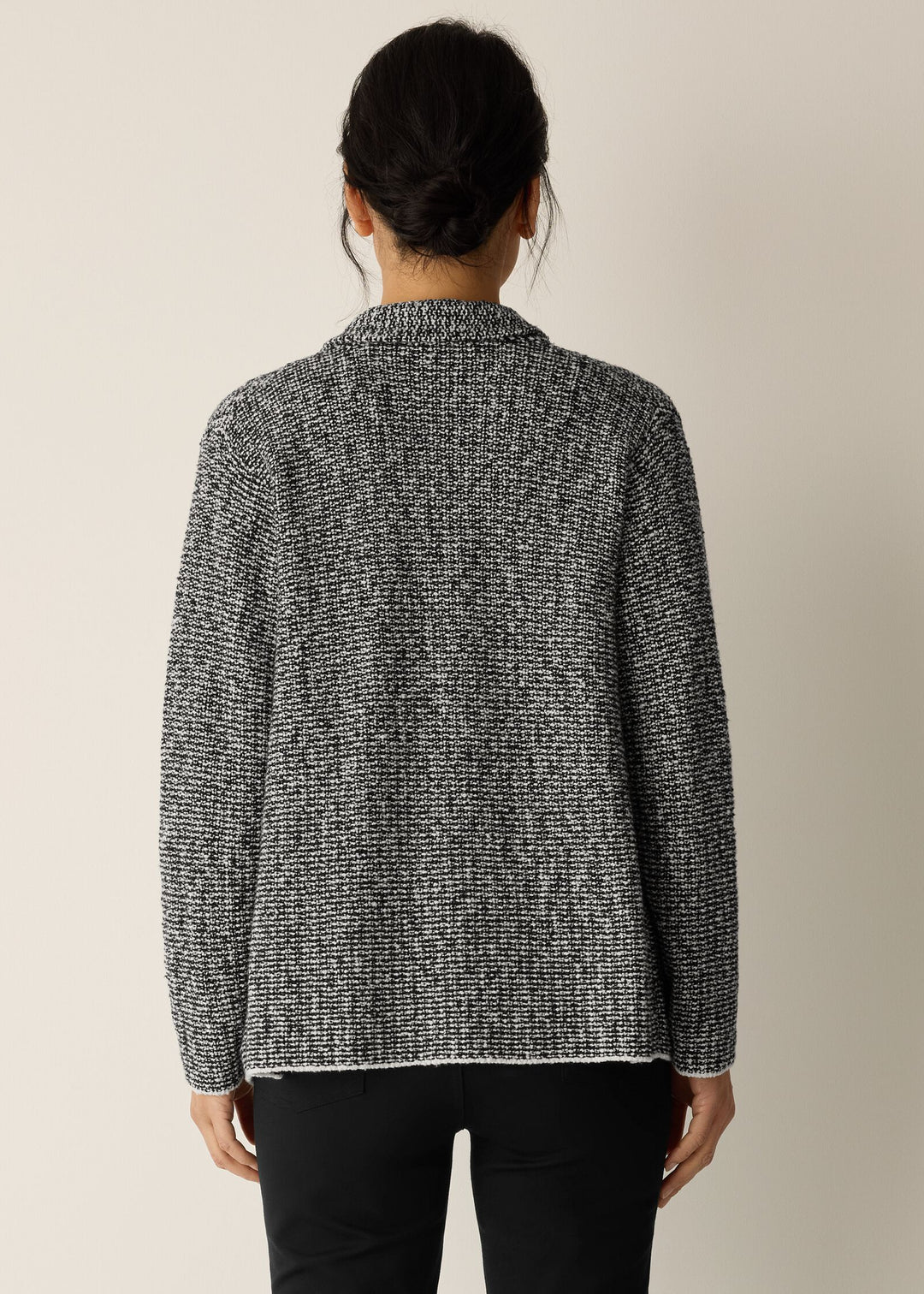 back view of plus size Eileen Fisher Peruvian Cotton Cloud Notch Collar Jacket in Black Soft White