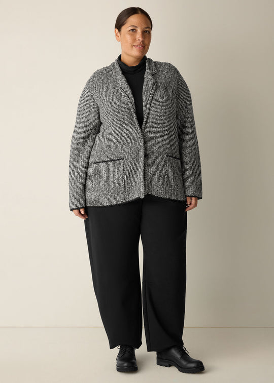 front view of plus size Eileen Fisher Peruvian Cotton Cloud Notch Collar Jacket in Black Soft White