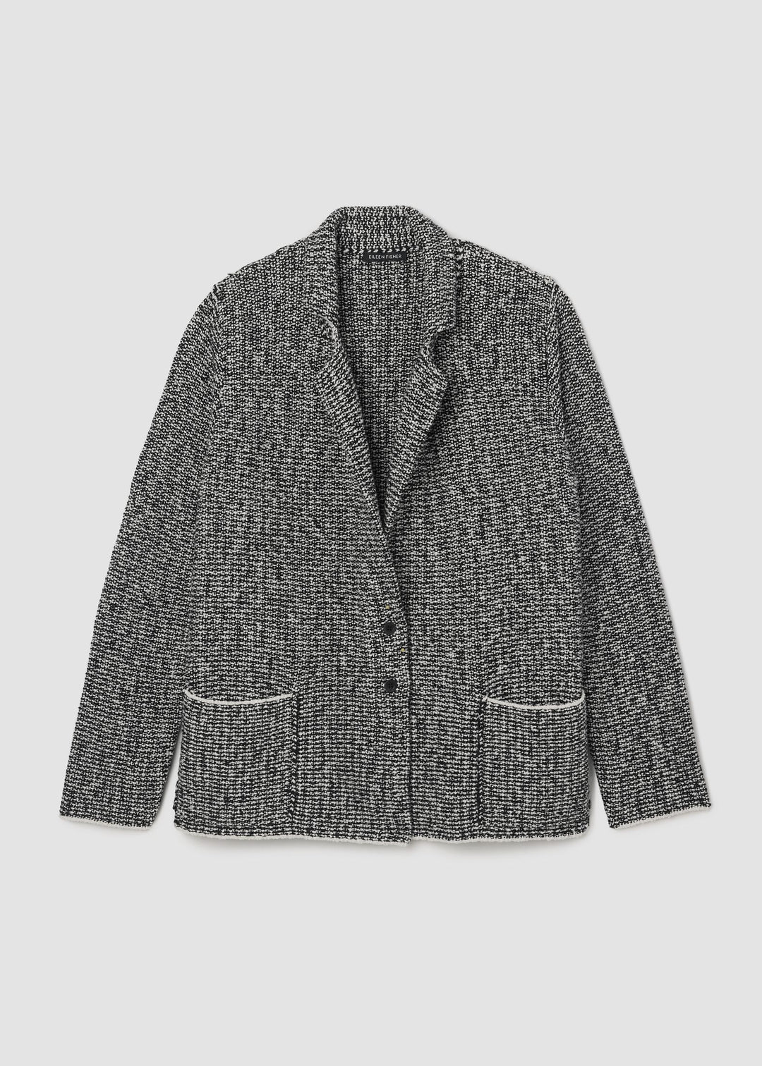 front view of plus size Eileen Fisher Peruvian Cotton Cloud Notch Collar Jacket in Black Soft White