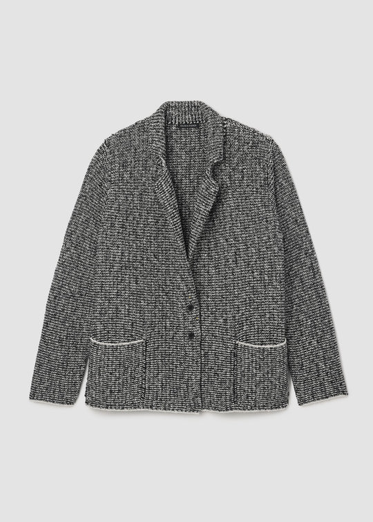 front view of plus size Eileen Fisher Peruvian Cotton Cloud Notch Collar Jacket in Black Soft White