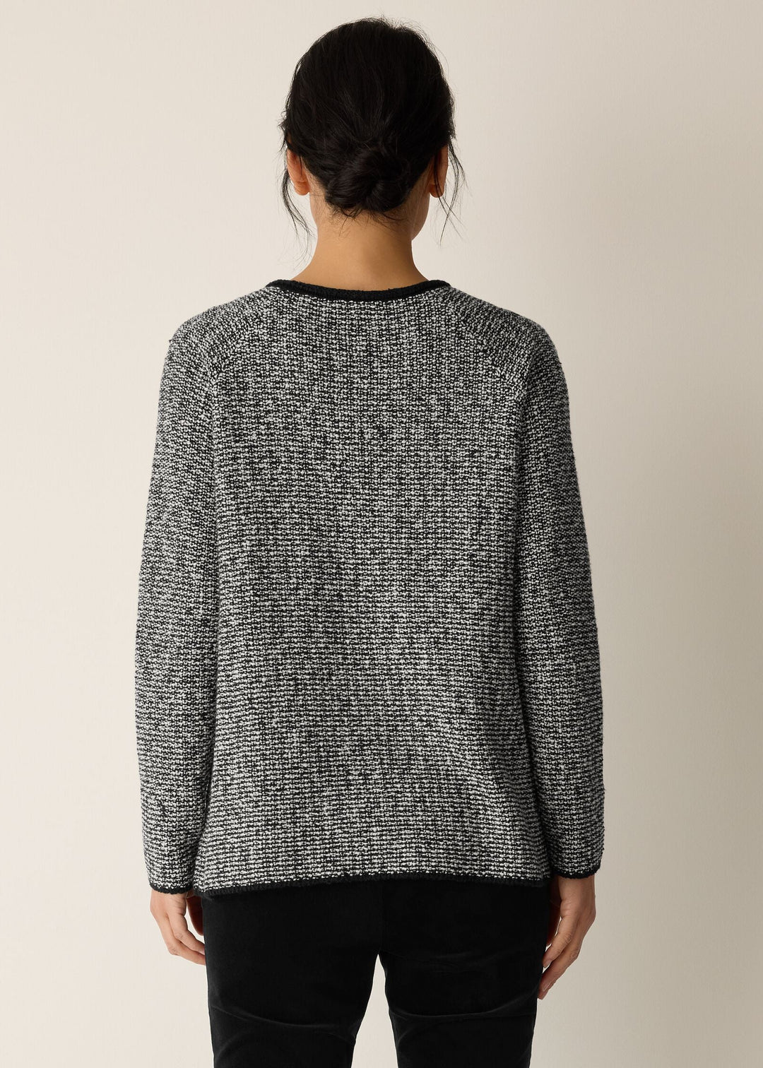 back view of plus size Eileen Fisher  Peruvian Cotton Cloud Jewel Neck Sweater in Black Soft White