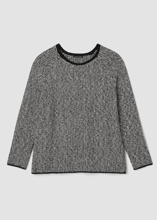 front view of plus size Eileen Fisher  Peruvian Cotton Cloud Jewel Neck Sweater in Black Soft White