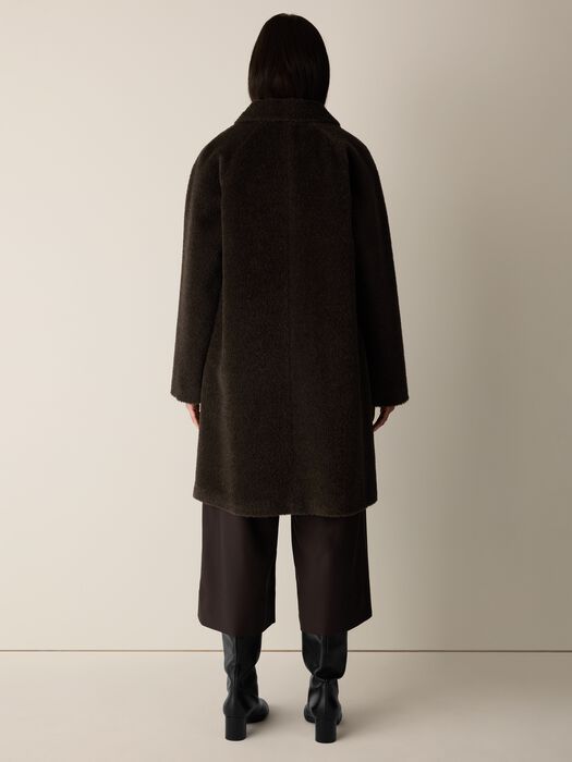 Coffee-brown long coat with stand collar and buttoned back, straight hem