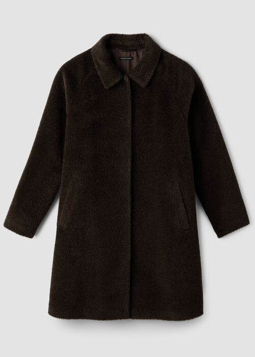 Coffee-brown long coat with classic collar and button front