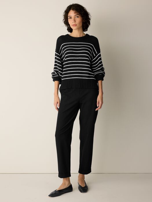 Black and white striped cotton sweater with ribbed hem and cuffs, crew neck.