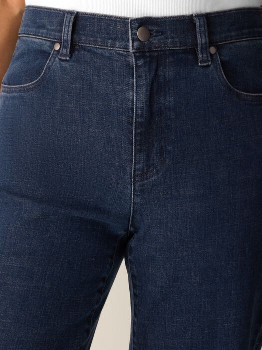 Close-up of straight-leg dark indigo denim jeans showing waistband, button closure, and front pockets