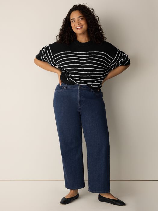 Wide-leg straight ankle denim jeans in medium indigo wash, full front view on model