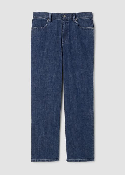 Straight-leg ankle denim jeans in medium blue wash, flat lay view, five-pocket styling