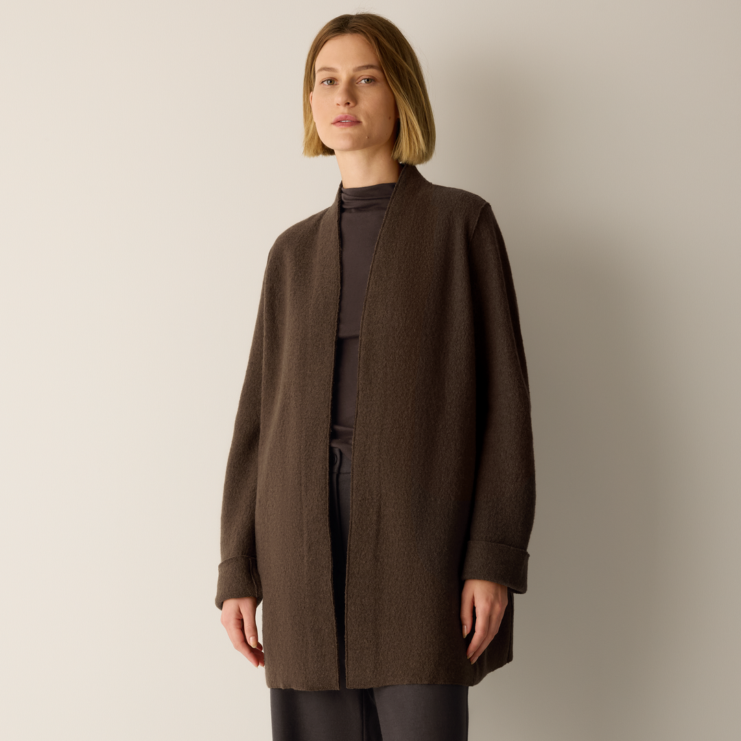 Boiled wool high-collar jacket in dark hazel brown, long sleeves, front button placket