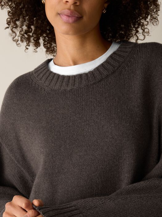 Close-up of a dark gray ribbed crew neck knit sweater worn over a white tee, front view