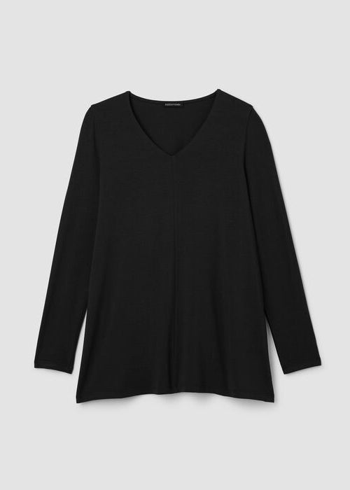 Long-sleeve black V-neck tunic with A-line silhouette and relaxed fit, flat lay view