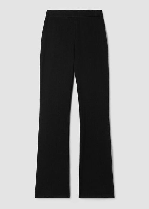 Black wide-leg kick flare pants with elastic waistband, flat lay front view