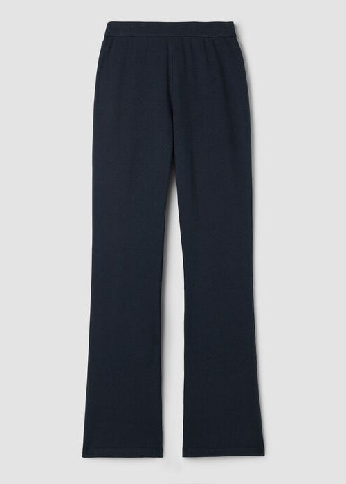 Dark navy full-length kick flare pants with elastic waistband, flat lay back view