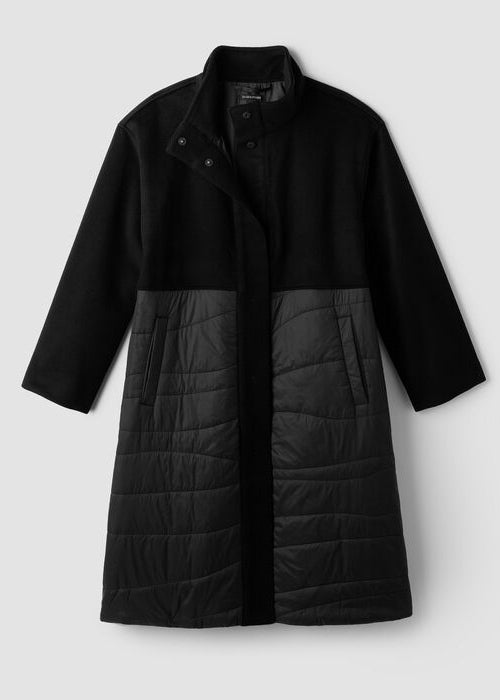 Black stand-collar coat with button front and gray quilted lower panels.