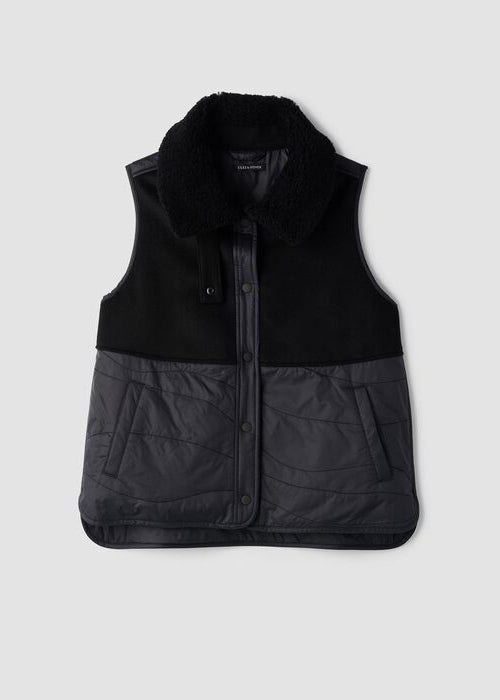 Black recycled nylon classic collar vest with quilted front and snap closure