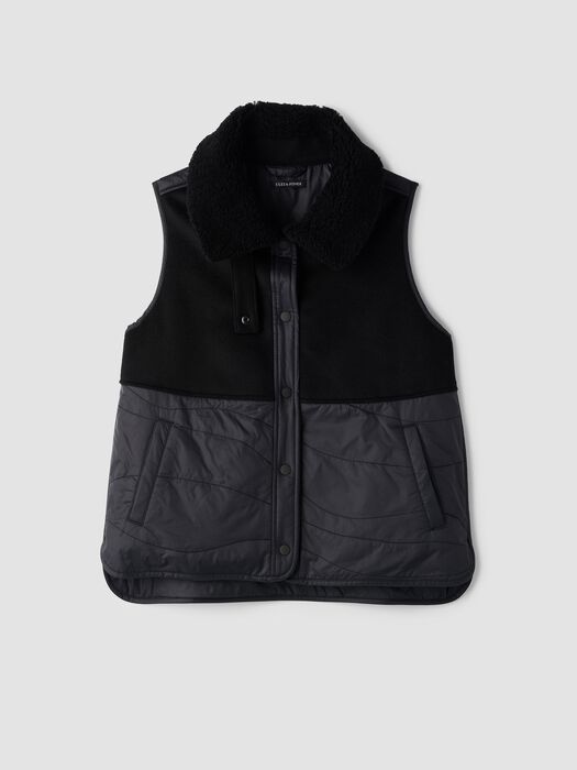 Black recycled nylon classic collar vest with quilted front and snap closure
