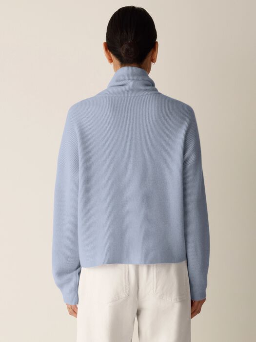 Light blue ribbed turtleneck sweater shown from the back on a model, long sleeves