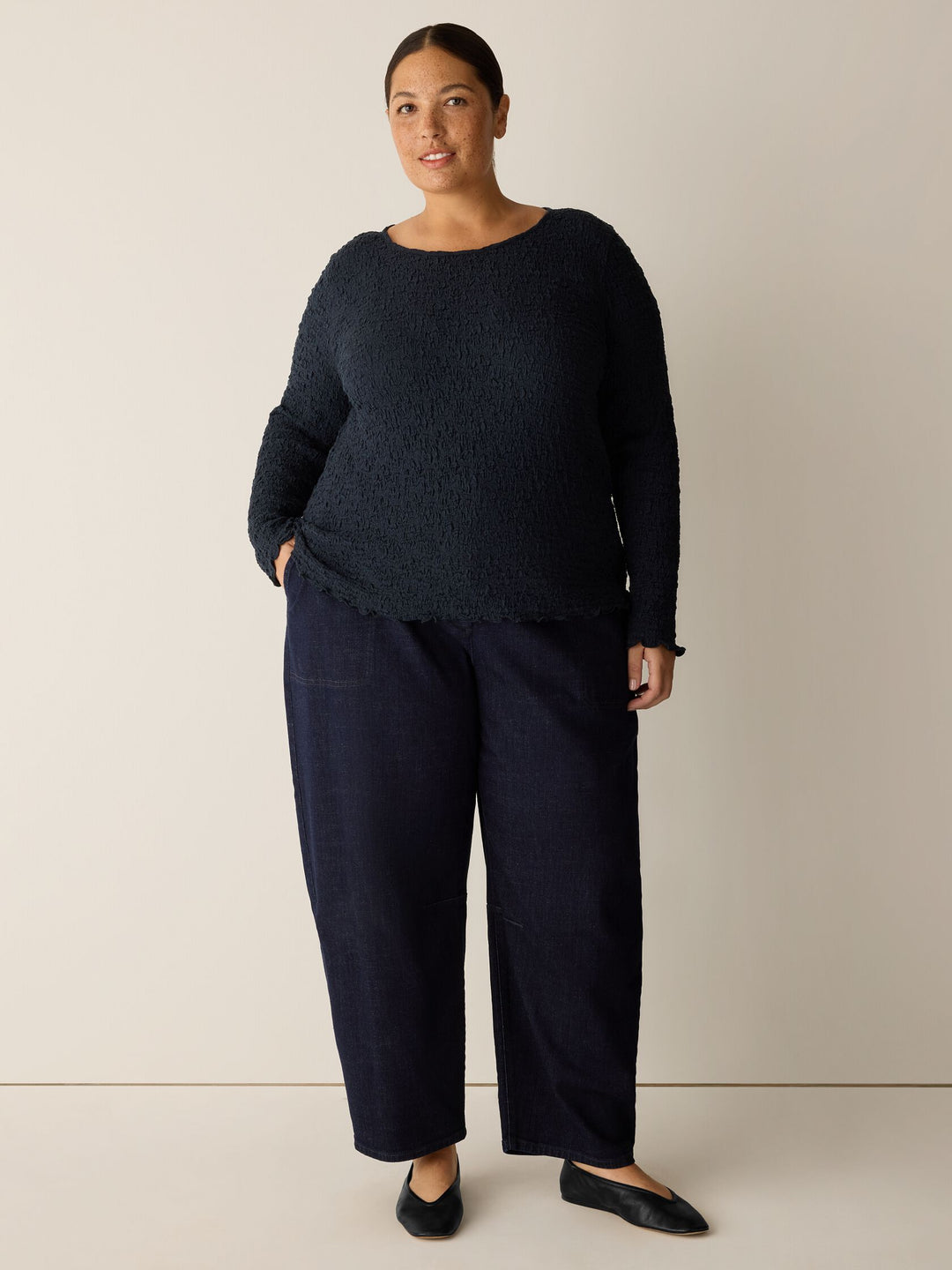 Eileen Fisher Bubble Jacquard Round Neck Top with Long Sleeves in Black